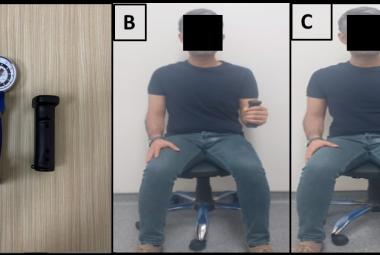 (A) K-Force® Grip dynamometer and Baseline® Grip dynamometer; (B) Grip strength; (C) Grip strength assessment with the Baseline® Grip dynamometer